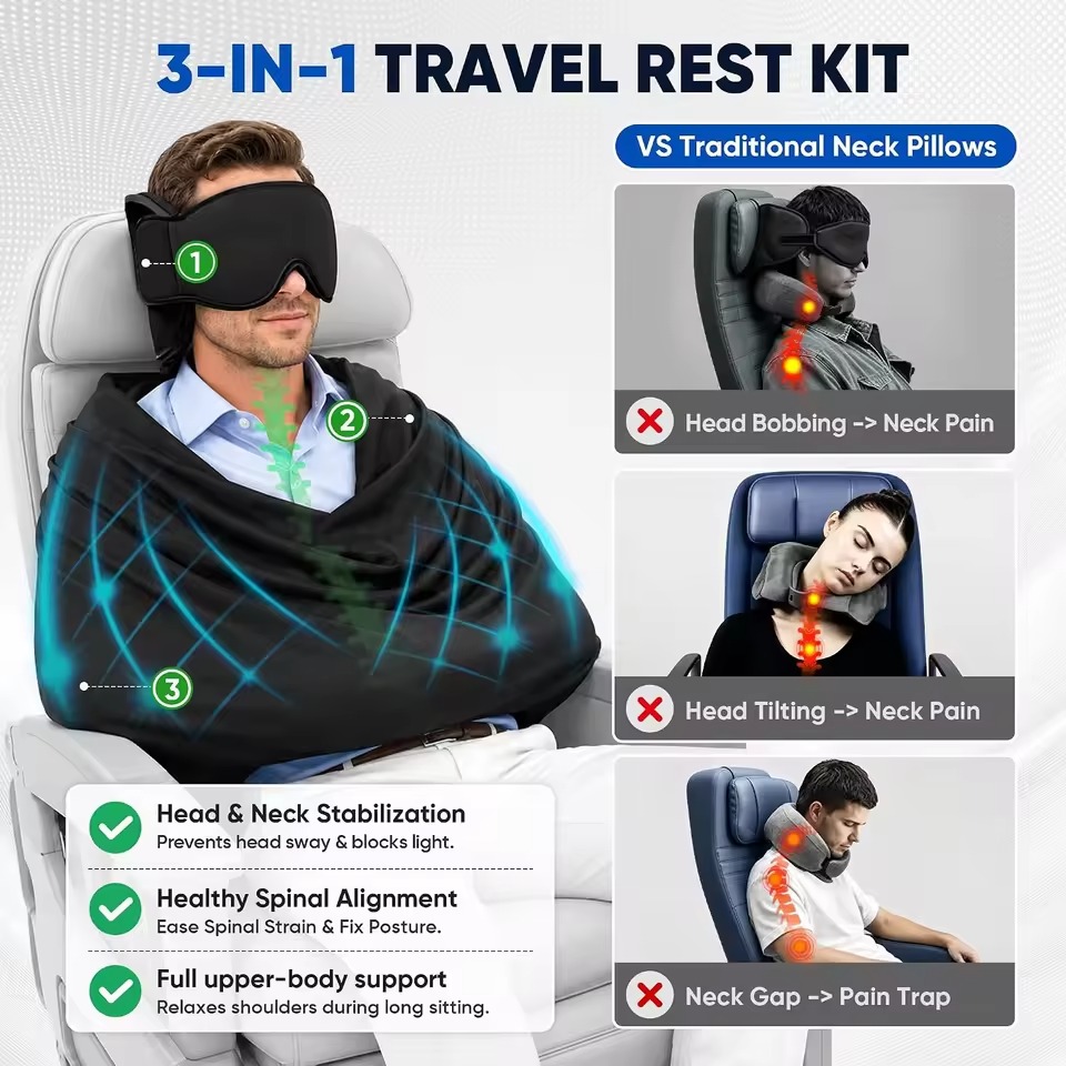 وسادة نوم للسيارة 3 في 1 مع رغ - مراجعة Travel Accessories Long Flight وسعره
